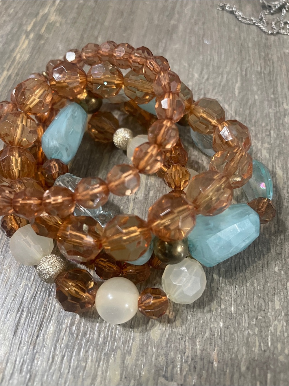 Multi-Strand Brown and Light Blue Beaded Stretch Bracelet
